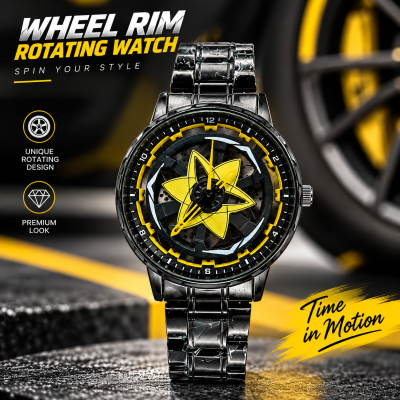 360° Rotating Car Wheel Rim Quartz Watch – Matte Black Metal Sports Wristwatch, 3D Alloy Rim & Brake Disc Dial, Stainless Steel Strap & Scratch-Resistant Glass for Men